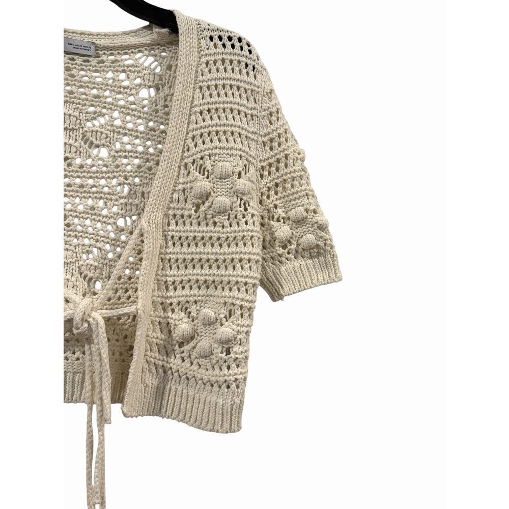 NEW W/O Tags Zara Crochet Cream Short Sleeve Tie Front Cardigan Sweater Small - Picture 3 of 9